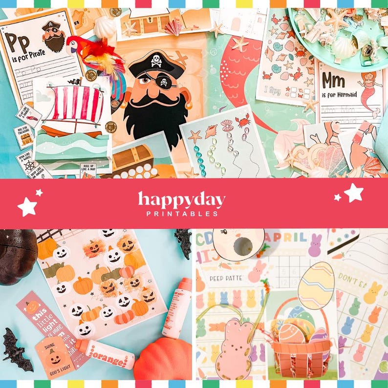 May include: A collection of printable educational materials with pirate, mermaid, Halloween, and Easter themes. Includes illustrations of a pirate, treasure chest, pumpkins, and Easter eggs. The text includes "Pp is for Pirate", "Mm is for Mermaid", and "happyday PRINTABLES".