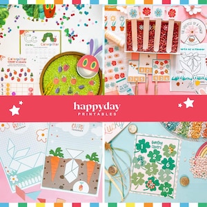 May include: A collection of colorful educational printables for children, including a caterpillar-themed counting game, flower life cycle diagrams, and tangram puzzles. The image features the text "happyday PRINTABLES".
