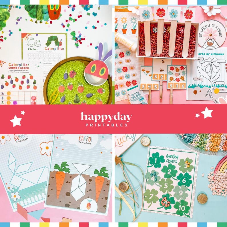 May include: A collection of colorful educational printables for children, including a caterpillar-themed counting game, flower life cycle diagrams, and tangram puzzles. The image features the text "happyday PRINTABLES".