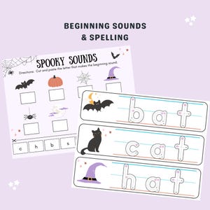 May include: A printable Halloween-themed worksheet for kids to practice beginning sounds and spelling. The worksheet features images of a bat, cat, hat, pumpkin, spider, and witch's hat. The words "bat", "cat", and "hat" are written out with dotted lines for tracing.