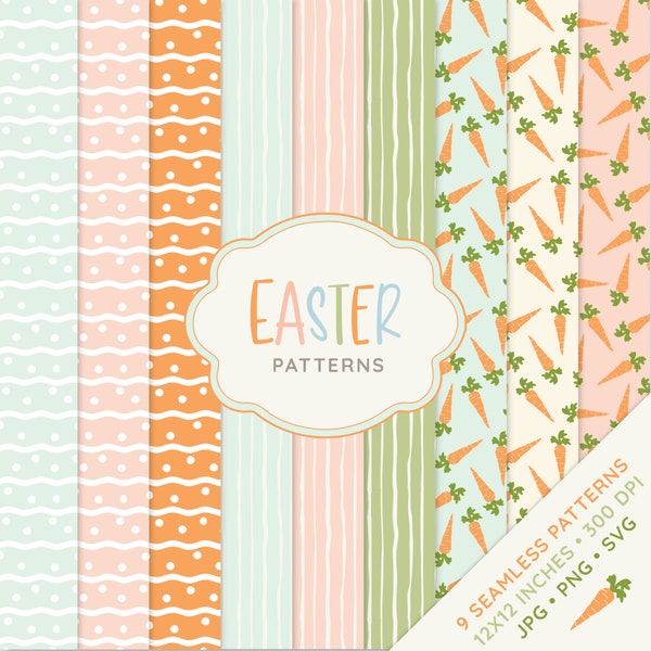 Seamless Easter patterns • Easter Digital Paper with cute little bunny & carrots • Printable scrapbook paper • SVG • PNG • Instant Download