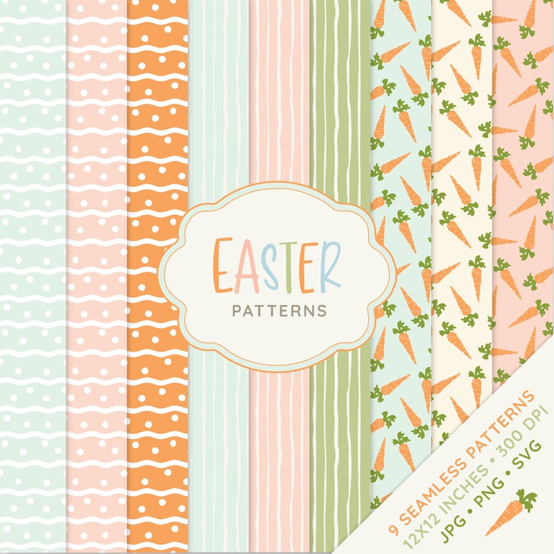 K&ouml;nnte beinhalten: Neun digitale Papiermuster mit Ostern-Motiven. Die Muster umfassen Streifen, Punkte, Wellenlinien und Karotten. Der Text "Easter Patterns" wird in einem Banner in der Mitte des Bildes angezeigt. Der Text "9 Seamless Patterns 12x12 Inches - 300 DPI JPG - PNG - SVG" wird in einem Banner in der unteren rechten Ecke des Bildes angezeigt.