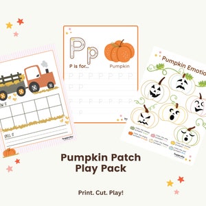 May include: A printable pumpkin patch play pack with three worksheets. The first worksheet features a tractor hauling a wagon full of pumpkins. The second worksheet is a tracing sheet for the letter P and the word "pumpkin". The third worksheet features a set of pumpkins with different facial expressions to color.
