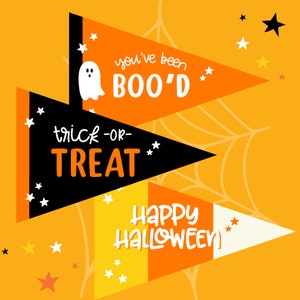 Pu&ograve; includere: Fiocchi di bandiera arancioni, neri e gialli con il testo "You've been BOO'D", "trick-or-treat" e "Happy Halloween" su uno sfondo giallo con ragnatele bianche e stelle bianche.