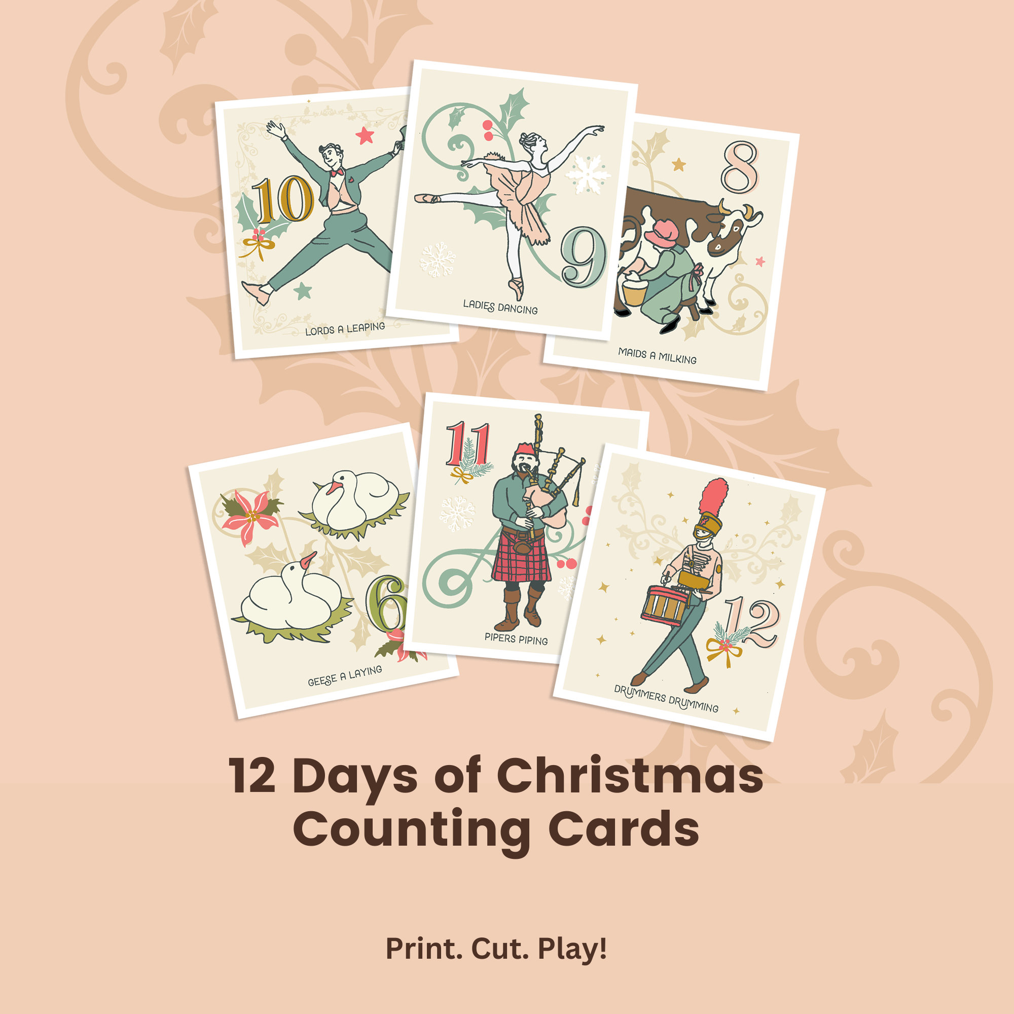 hand-illustrated-twelve-days-of-christmas-counting-cards-twelve-days-of-christmas-vintage-illustrations-12-days-printable-cards-etsy