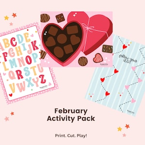 May include: A Valentine's Day-themed activity pack with a pink background. The pack includes an alphabet chart, a heart-shaped box of chocolates, and a blue and white striped sheet with hearts and the text "Follow Your Heart."