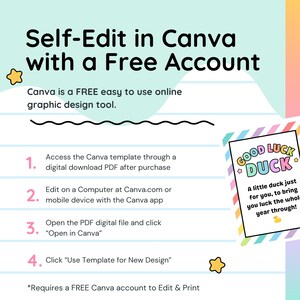 May include: A graphic with instructions on how to self-edit in Canva with a free account. The steps include accessing a template, editing on a computer or mobile device, opening a PDF, and using the template. A "Good Luck Duck" card is also shown.