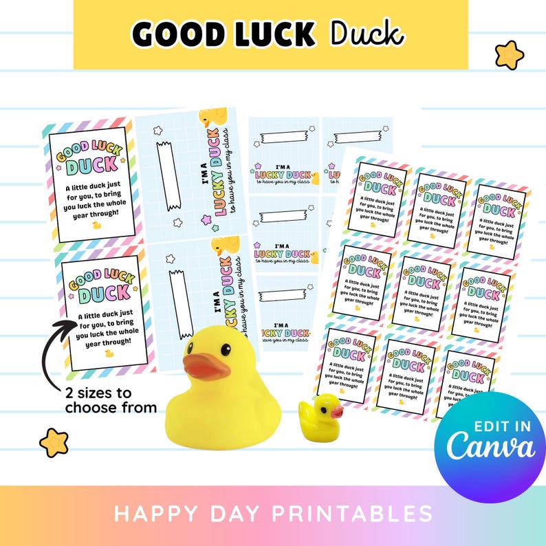 May include: A collection of printable cards and stickers with a yellow rubber duck theme. The text on the cards reads "Good Luck Duck" and "Lucky Duck." Two sizes are available. A large and small rubber duck are also in the image.