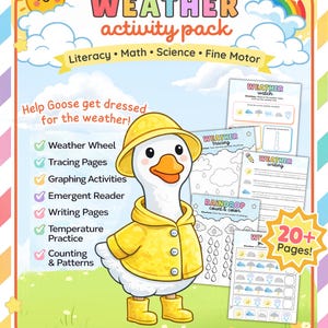 Op de afbeelding: Een kleurrijk educatief printbaar pakket getiteld "WEATHER activity pack". Het bevat een cartoon gans in een gele regenjas en laarzen. Het pakket bevat weerwielen, traceerpagina's en schrijfactiviteiten. De tekst zegt "HAPPY DAY Printables".