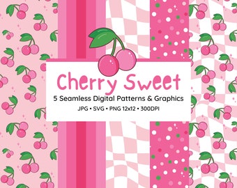 Cherry Seamless Pattern, Cherry SVG seamless repeat pattern, Checker Cherry pattern, digital pattern & graphics for fabric Sublimation