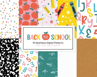 Padrões sem emendas de volta às aulas, pacote de papel digital JPG e SVG, volta às aulas, padrão sem emendas, professor, fundos escolares, padrões