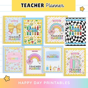 May include: A selection of spiral-bound teacher planners with vibrant covers. Designs include a bow and pencil, a rainbow, and a checkerboard pattern. Each planner features the text "TEACHER PLANNER" and the years 2025-2026.