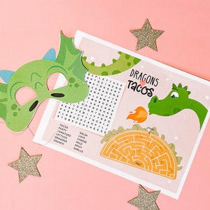Dragons Love Tacos • Printable Dragon Mask • Dragon Activity Page • Dragons Love Tacos Activity • Instant Download • Dragon Activity Page