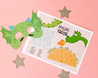 Dragons Love Tacos • Printable Dragon Mask • Dragon Activity Page • Dragons Love Tacos Activity • Instant Download • Dragon Activity Page