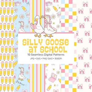 May include: A collection of 10 seamless digital patterns with a school theme. The patterns feature illustrations of geese, pencils, books, and bows in pastel colors. The text "SILLY GOOSE AT SCHOOL" is displayed.
