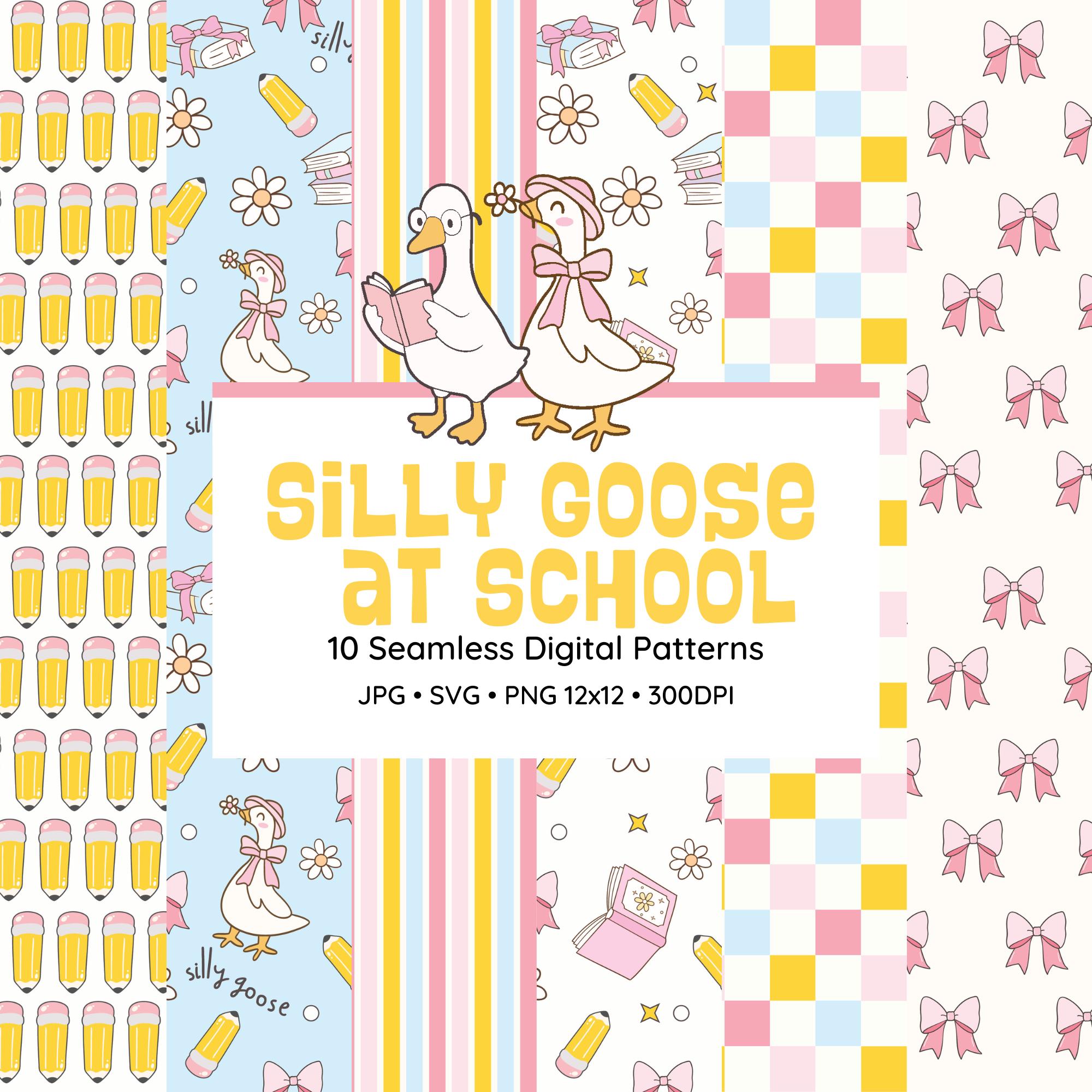 Silly Goose na Escola – Pacote de Padrões Digitais Sem Costura para a Volta às Aulas | 10 Arquivos PNG + JPG | Gráficos para Sala de Aula, Professores e Pré-Escola