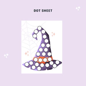 May include: A printable dot-to-dot activity sheet featuring a purple and orange witch hat with a white spiderweb in the background. The text "DOT SHEET" is at the top of the page.