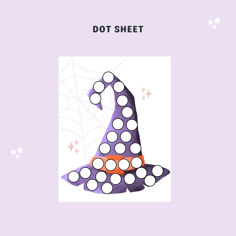 May include: A printable dot-to-dot activity sheet featuring a purple and orange witch hat with a white spiderweb in the background. The text "DOT SHEET" is at the top of the page.
