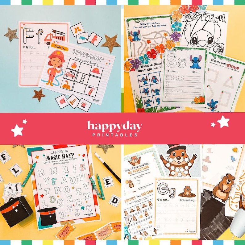 May include: A collection of colorful printable educational activities for children. The image includes worksheets with the letters F and S, a firefighter theme, a Stitch theme, a magic hat game, and a groundhog theme. The brand name "happyday printables" is visible.
