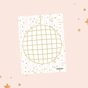 May include: A printable party invitation featuring a gold disco ball on a pink and white striped background with gold confetti. The text "happydays printables" is at the bottom of the page.