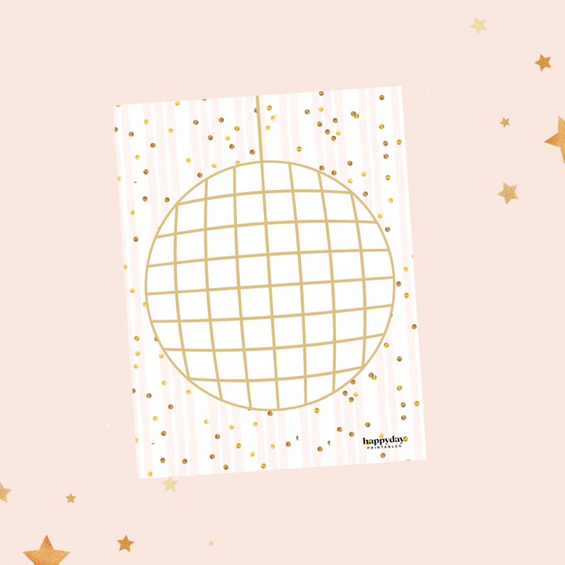 May include: A printable party invitation featuring a gold disco ball on a pink and white striped background with gold confetti. The text "happydays printables" is at the bottom of the page.