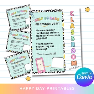 Peut inclure: Cartes de liste de souhaits pour la classe avec un fond bleu clair et une bordure léopard noire et blanche. Les cartes contiennent le texte "HELP US HAVE an amazin' year!" et "scan me!". Un graphique de smartphone rose est également inclus.