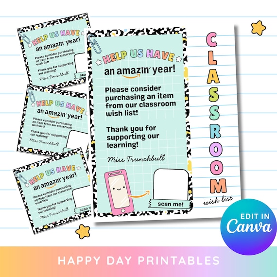 Classroom Wish List Printable Cards | Editable Canva Template | Back to School Teacher Resource | Amazon Wish List
