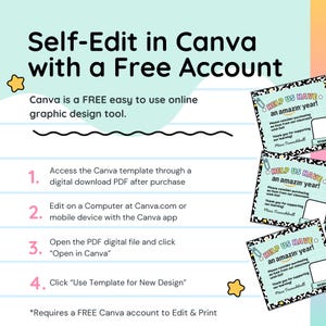 May include: A promotional graphic with the text "Self-Edit in Canva with a Free Account." Instructions are provided for using Canva templates. The image also includes three cards with the text "Help Us Have an amazin' year!"