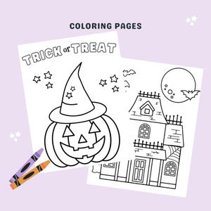 May include: Black and white coloring pages featuring a jack-o'-lantern wearing a witch's hat and a haunted house with a full moon. The text "Trick or Treat" is at the top of the page.