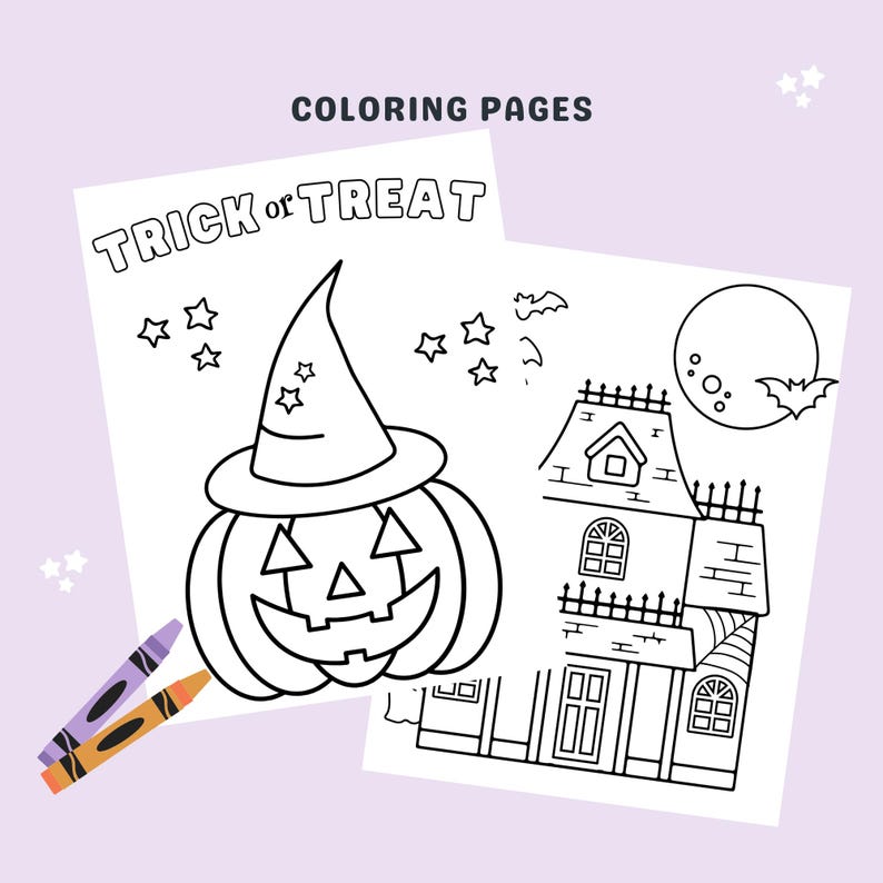 May include: Black and white coloring pages featuring a jack-o'-lantern wearing a witch's hat and a haunted house with a full moon. The text "Trick or Treat" is at the top of the page.