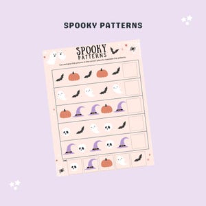 May include: A printable Halloween-themed activity sheet with a title "Spooky Patterns". The sheet has five rows of images with a blank space at the end of each row. The images include ghosts, bats, pumpkins, witch hats, and skulls. The instructions are to cut and glue the images in the correct place to complete the patterns.