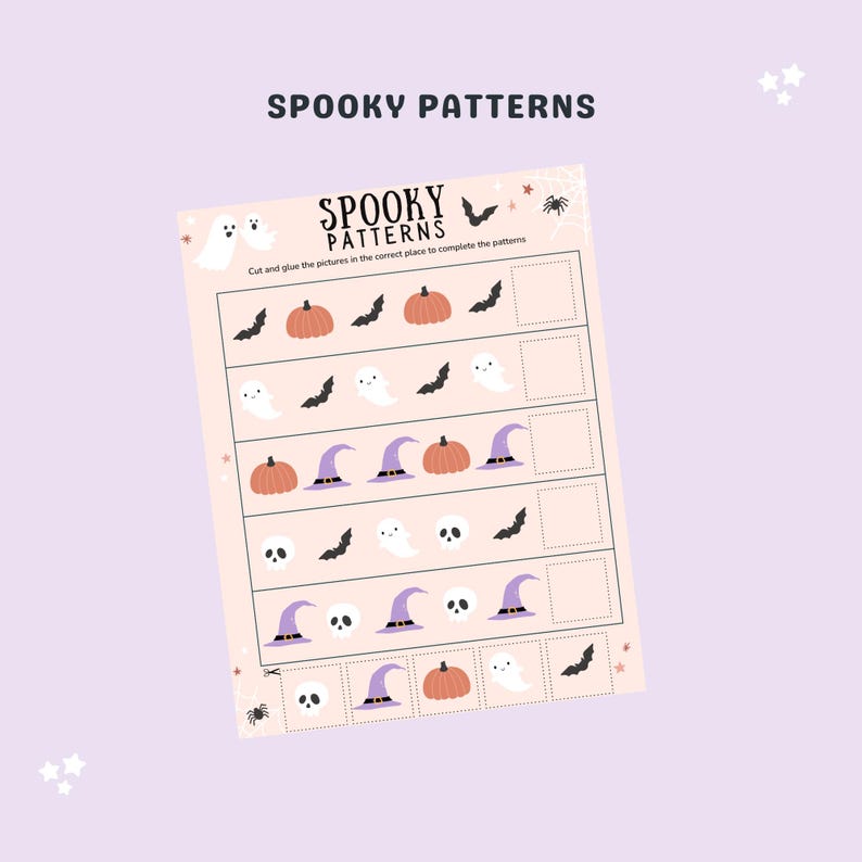 May include: A printable Halloween-themed activity sheet with a title "Spooky Patterns". The sheet has five rows of images with a blank space at the end of each row. The images include ghosts, bats, pumpkins, witch hats, and skulls. The instructions are to cut and glue the images in the correct place to complete the patterns.
