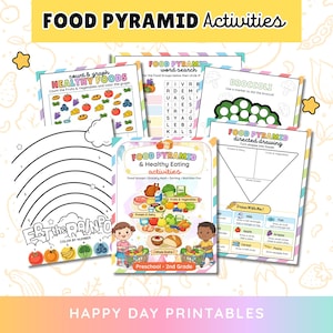 Può includere: Una raccolta di stampabili educativi colorati con il testo "FOOD PYRAMID Activities". I fogli di lavoro includono attività come contare frutta e verdura, cruciverba e disegno guidato. Il tema è l'alimentazione sana per la scuola materna fino alla seconda elementare.