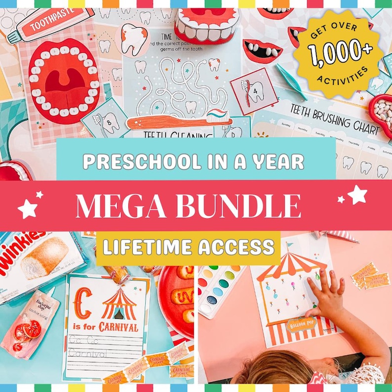 May include: A colorful educational bundle with the text "Preschool in a Year MEGA BUNDLE LIFETIME ACCESS". The image includes dental hygiene charts, carnival-themed activities, and a variety of learning materials for children.