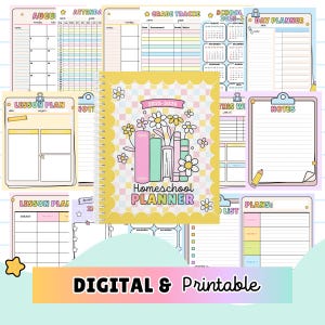 May include: A digital and printable homeschool planner with a yellow cover featuring a floral design and the text "Homeschool Planner 2025-2026." The planner includes various pages for lesson plans, attendance, and grade tracking, with a pastel color scheme.