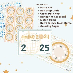 May include: A New Year's Eve party printable pack with a disco ball theme. The pack includes a party hat, ball drop craft, clock dot sheet, handprint keepsake, match game, don't eat my treat game, and coloring pages. The printable pack features a gold and white color scheme with a disco ball design.