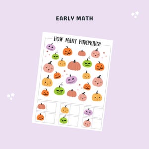 May include: A printable Halloween-themed early math worksheet with the text "How many pumpkins?" and a grid of 20 pumpkins with different facial expressions. The worksheet includes a section for counting the pumpkins.