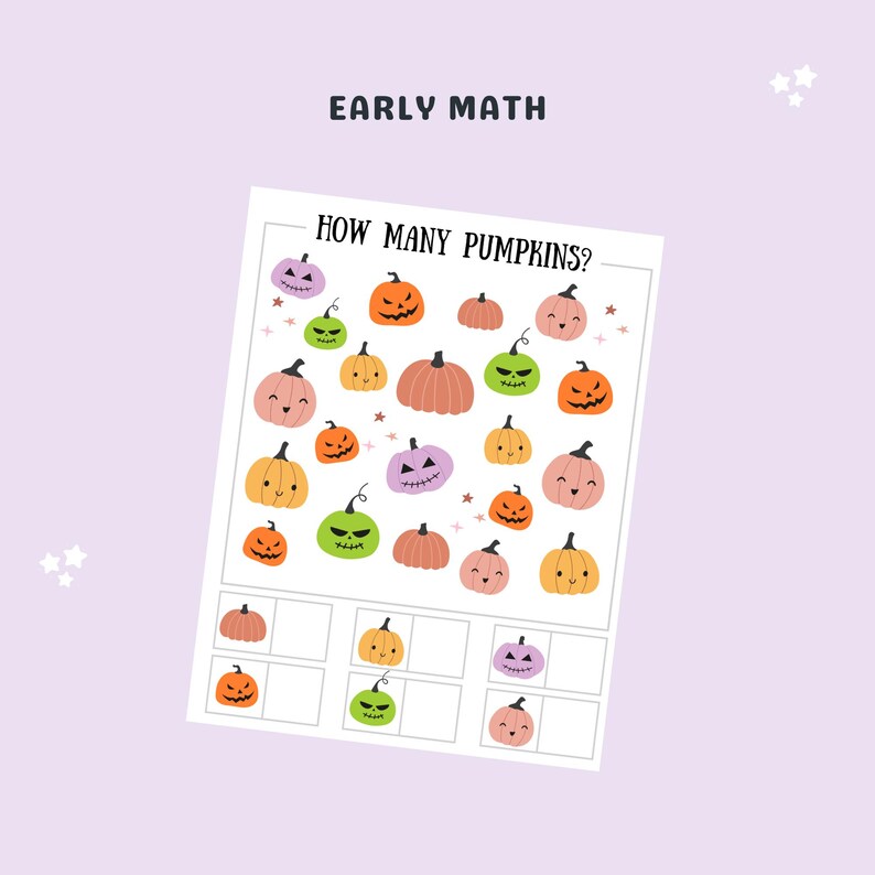 May include: A printable Halloween-themed early math worksheet with the text "How many pumpkins?" and a grid of 20 pumpkins with different facial expressions. The worksheet includes a section for counting the pumpkins.