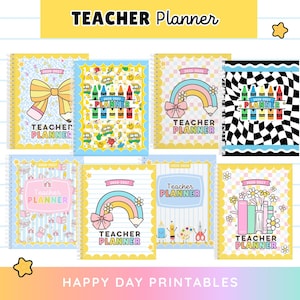 May include: A collection of eight spiral-bound teacher planners featuring colorful designs including bows, crayons, rainbows, checkered patterns, and books. Each cover displays the text Teacher Planner and specific academic years like 2026-2027.