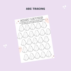 May include: A printable worksheet for tracing the alphabet. Each letter is inside a ghost shape. The worksheet has the title "Ghost Letters" and instructions to trace the letters with a white crayon and color in the ghost with watercolor paint to make the letters appear.