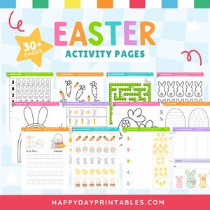 May include: A collection of Easter activity pages with colorful illustrations. The title "EASTER ACTIVITY PAGES" is displayed in large, multi-colored letters. The pages include coloring, tracing, and counting activities, with images of carrots, bunnies, and eggs.
