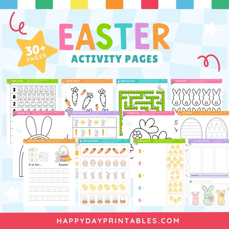 May include: A collection of Easter activity pages with colorful illustrations. The title "EASTER ACTIVITY PAGES" is displayed in large, multi-colored letters. The pages include coloring, tracing, and counting activities, with images of carrots, bunnies, and eggs.