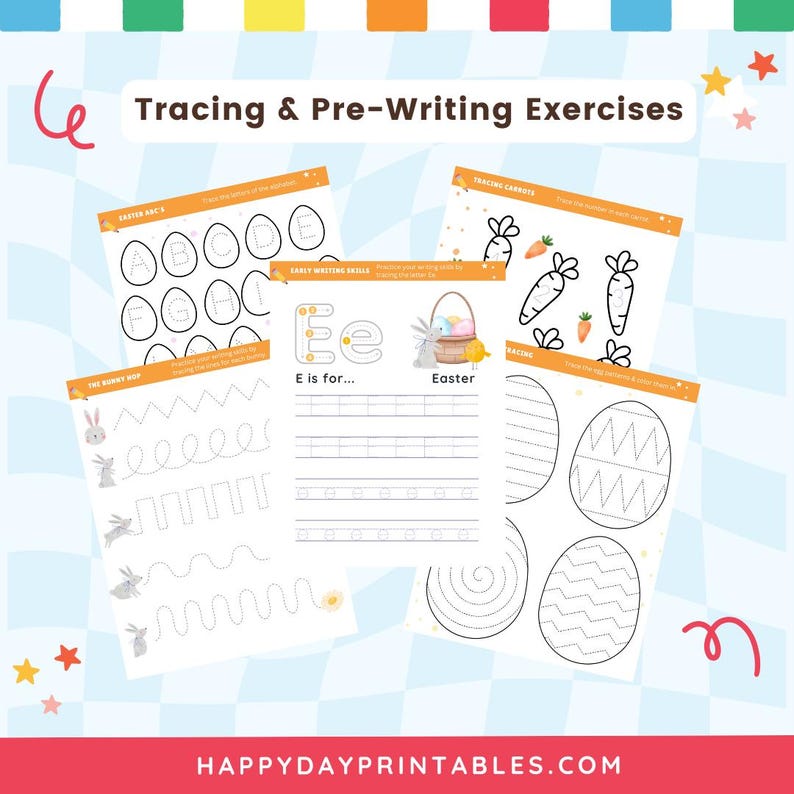 May include: A collection of printable tracing and pre-writing exercises for kids. The worksheets feature Easter-themed illustrations, including eggs, carrots, and a bunny, along with letter and shape tracing activities. The text "Tracing & Pre-Writing Exercises" is at the top.