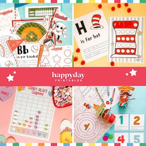 May include: A collection of colorful printable educational materials. Includes baseball-themed worksheets, a graphing activity with candy hearts, and a maze. The text includes "Happyday Printables", "is for hat", and numbers.