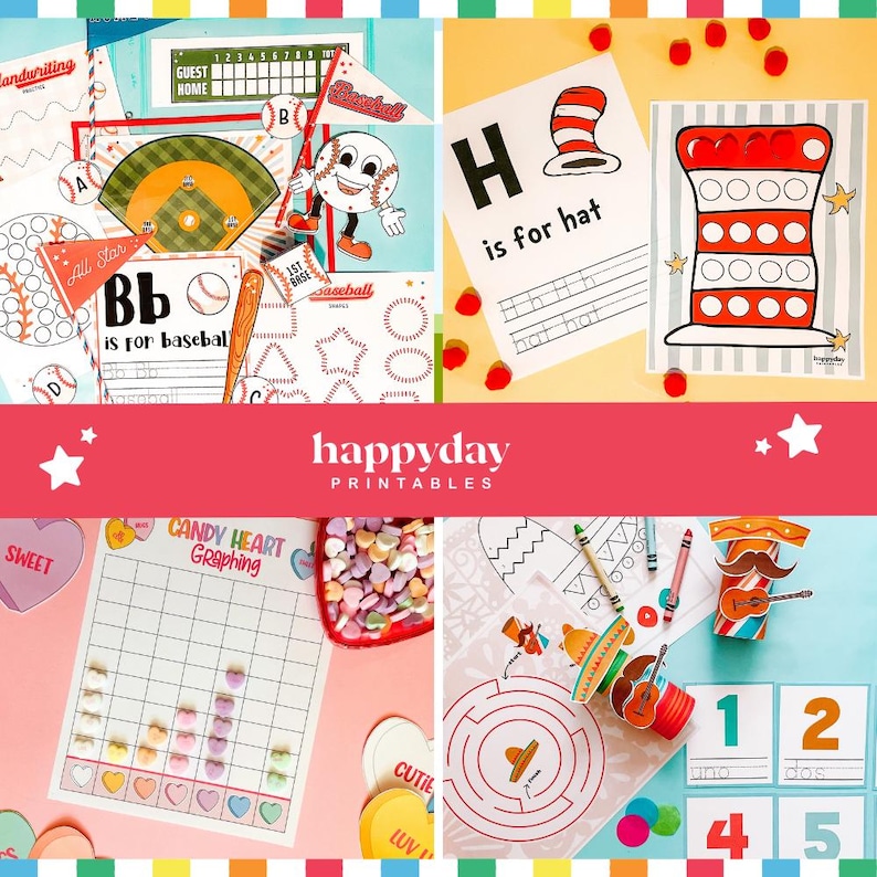 May include: A collection of colorful printable educational materials. Includes baseball-themed worksheets, a graphing activity with candy hearts, and a maze. The text includes "Happyday Printables", "is for hat", and numbers.