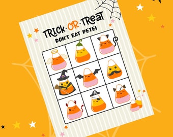 Può includere: Una cartella della tombola a tema Halloween con personaggi di caramelle a forma di mais vestiti da angelo, gatto, strega, pipistrello, pirata, diavolo e Frankenstein. Il testo recita "Trick or Treat Don't Eat Pete!" con una ragnatela e stelle.