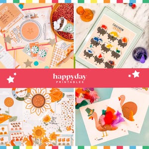 May include: A collage of colorful printable crafts and educational materials. Includes a placemat with a plate and silverware, a worksheet with cauldrons and colors, and turkey and sunflower-themed crafts. The text "happyday PRINTABLES" is visible.