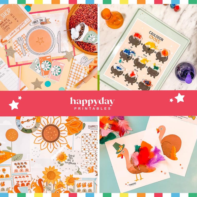 May include: A collage of colorful printable crafts and educational materials. Includes a placemat with a plate and silverware, a worksheet with cauldrons and colors, and turkey and sunflower-themed crafts. The text "happyday PRINTABLES" is visible.