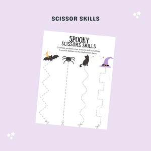 May include: A printable Halloween-themed scissor skills activity sheet with instructions to cut along the lines to different spooky images, including a bat, spider, cat, and witch's hat.