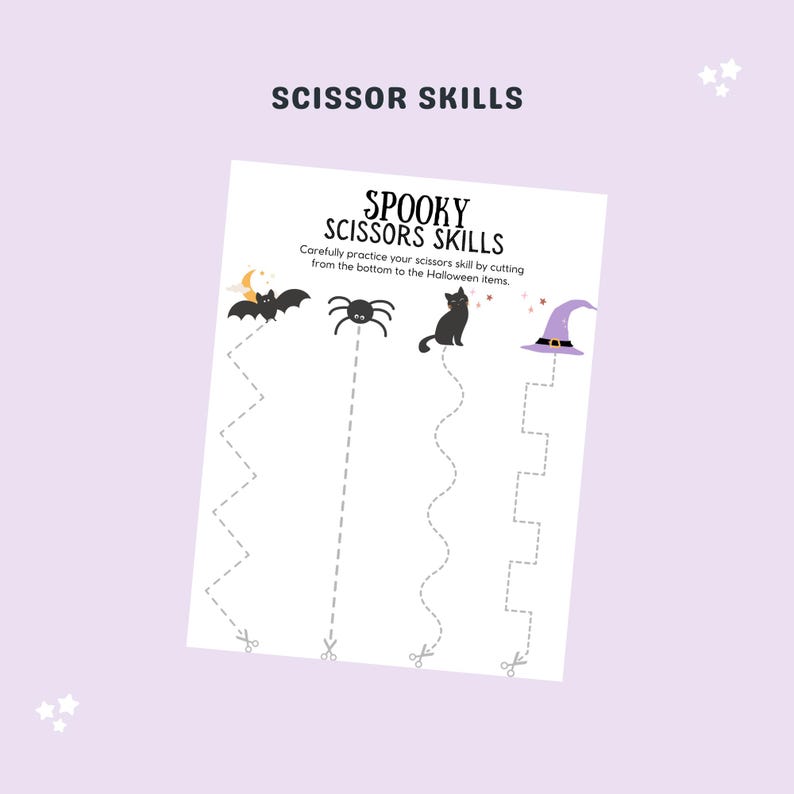 May include: A printable Halloween-themed scissor skills activity sheet with instructions to cut along the lines to different spooky images, including a bat, spider, cat, and witch's hat.